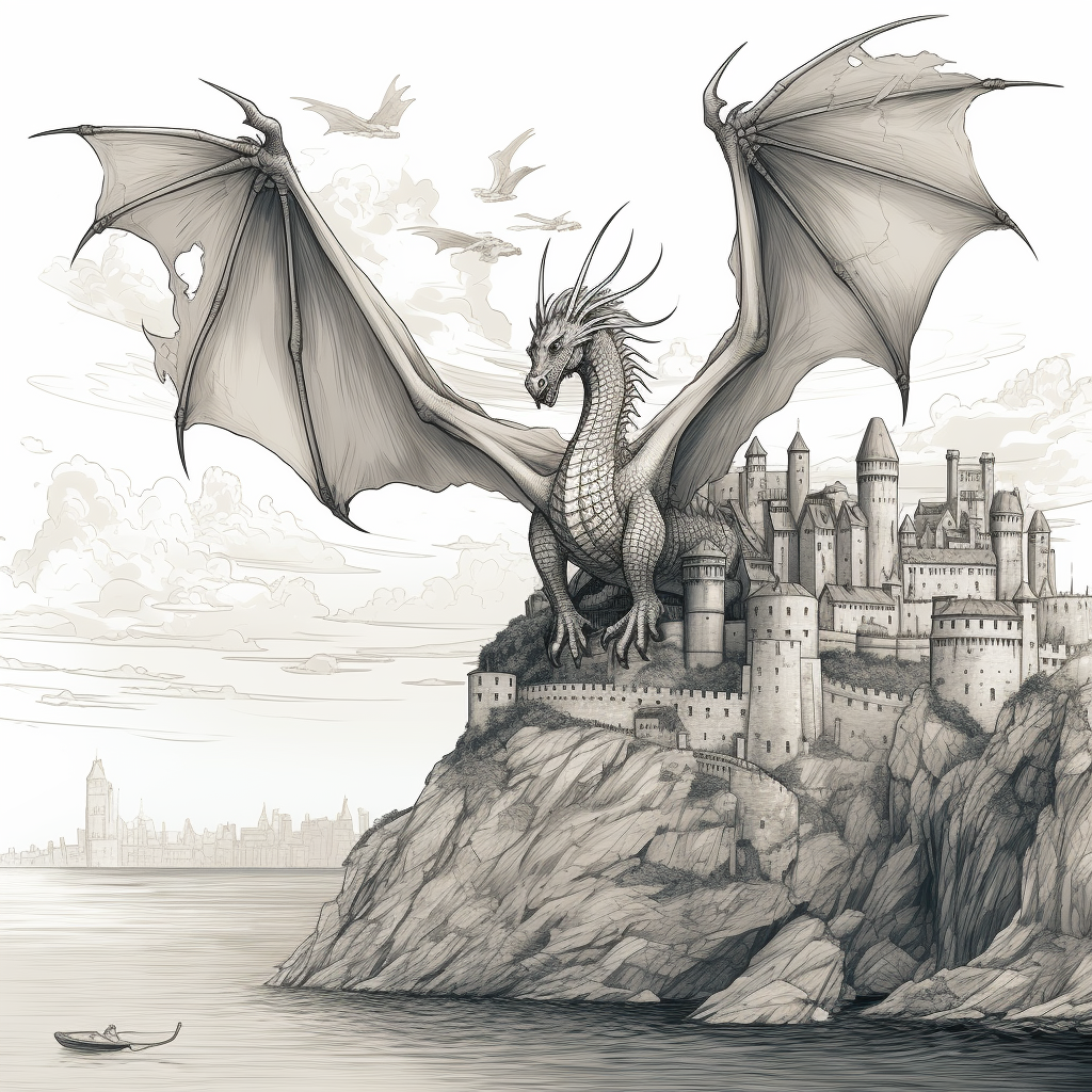 Detailed dragon castle coloring page